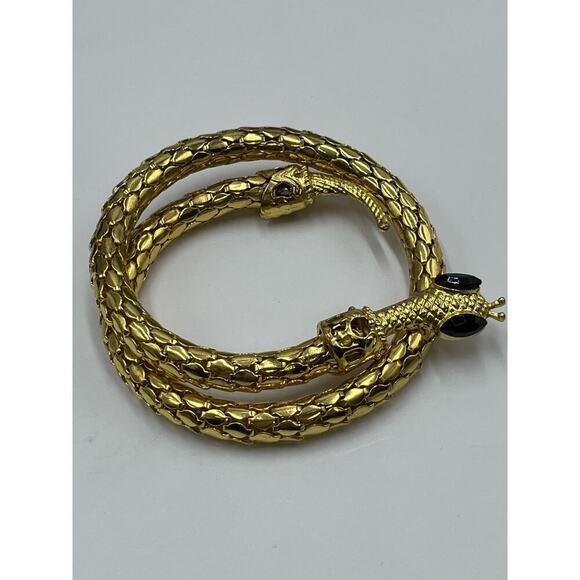 Vintage Golden Mesh Stretch Black Eye Rhinestone Egyptian Snake Coil Bracelet - Picture 5 of 14